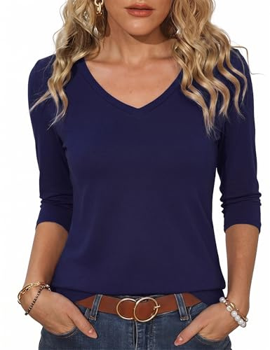 Totatuit Women's 3/4 Sleeve T Shirts V Neck Basic Tops Casual Tees for UK | Solid Color, Relaxed Loose Fit,Soft Lightweight, Skin Friendly, Elegant Blouses, Work Outfits, Daily Looks Spring Autumn Tops