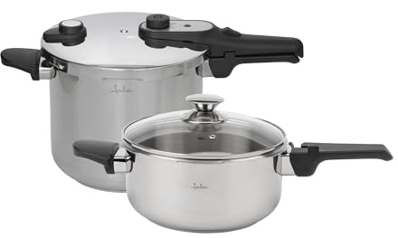 JATA HOGAR HOLL2547 - Ollas a Presión Express 4L + 7L Acero Inoxidable SUS304, Inducción, 2 Niveles de Presión, Triple Sistema de Seguridad, Tapa Cristal, Fondo Difusor