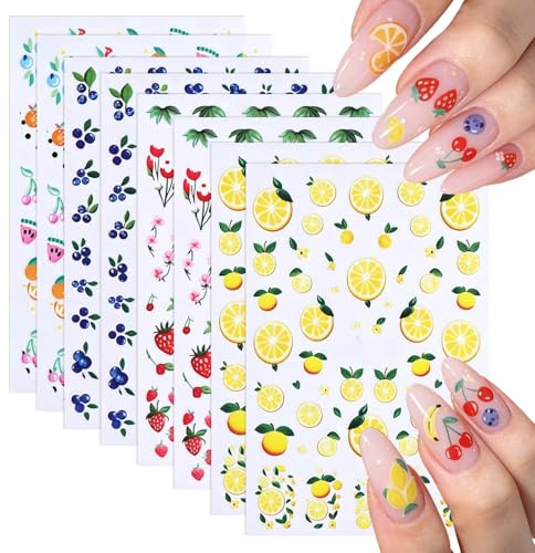 8 ark nagelklistermärken frukt | Somriga nagelstickers med citron, jordgubbe, blåbär och körsbär | Självhäftande nageldekorationer för nagelkonst