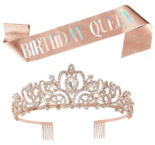 GYTFOG Women Birthday Crown & Tiara Set, Birthday Tiaras and Sashes, Girl Glitter Crystal Hair Accessories, Elegant Birthday Tiara with Sash, Birthday Sash and Tiara for Women Party Supplies