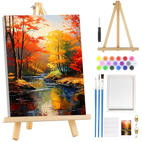 MOGTAA Automne Peinture Numero Enfant Adulte avec Cadre, Peinture par Numero Adulte avec Chevalet, DIY Paysage Numéro d'Art Kits, Loisirs Créatifs Adultes, 20x30cm