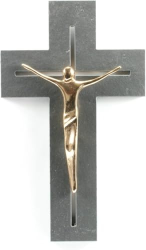 Butzon & Bercker Wandkreuz 13 x 22 cm Schiefer Kreuz mit Bronze-Korpus | Edles Designkreuz von Kerstin Stark aus Naturschiefer & Bronze - inkl. Expertise & Geschenkbox für Wohnraum & Andacht