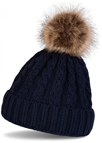 styleBREAKER Unisex Bommelmütze Zopfmuster Kunstfell Bommel | Strickmütze. elastisches Material. Bundweite 22cm. winterfest. Einheitsgröße. weiche Haptik. Fake-Fur Element.