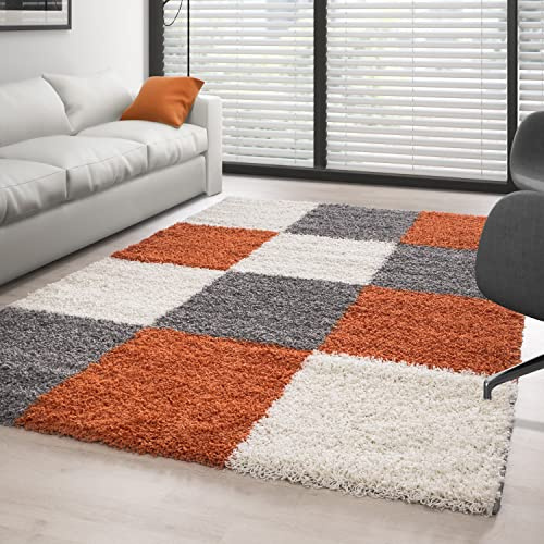 Carpettex Hochflor Teppich - Wohnzimmer Shaggy Flokati Modern Kariert Design 120 x 170 cm Terrakotta - Schlafzimmer Weich Flauschig Waschbar - Küche Esszimmer Langflor