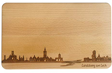 SNEG Brotzeitbrett Landsberg am Lech Skyline | Frühstücksbrettchen aus Buche | Holz Schneidbrett | Geschenk mit Gravur | Frühstücksbrett | Bayern (Standard (22x14x1cm), 1. ohne persönlicher Gravur)