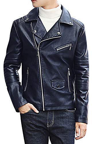Giacca Biker Leggera da Uomo con Chiodo in Pelle PU Blu Marino 3XL