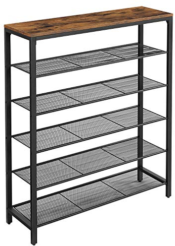 VASAGLE Schuhregal, Schuhablage mit 5 Gitterebenen und großzügiger Oberfläche für Taschen, für den Eingangsbereich, Flur, Metall, Industrie-Design, vintagebraun-schwarz LBS016B01