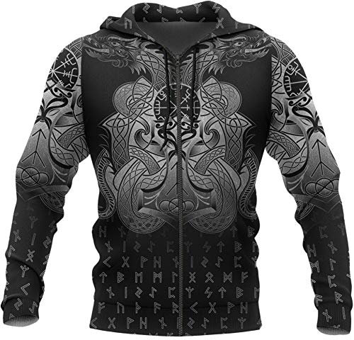 WLXW Vintage Odin Asgard 3D Print Streetwear, Felpa con Cappuccio Vikings Unisex Felpa con Cappuccio Stampata Fresca Felpa Personalizzata, Abito da Coppia di Natale,Hoodies Zip,S