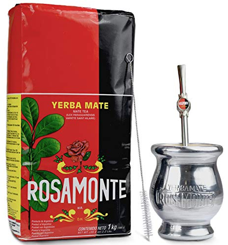 Yerba Mate Rosamonte Traditional 1 kg Edelstahl Mate Tee Set: Yerba Matebecher - Kalebasse | Yerba Mate Tee Strohhalm - Bombilla | Reinigungsbürste
