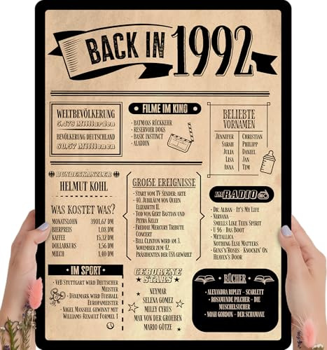 34 Geburtstag, Alte Zeitung Holzbild - Back in 1992 Vintage - personalisierbar zum Hinstellen/Aufhängen opt. beleuchtet, 34ter Geburtstag, 34 Geburtstag Frau & Mann, Jahr 1992 - persönliches Geschenk