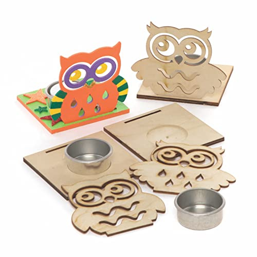 Baker Ross FE642 Eule Holz Teelichthalter Bastelset, 4er-Pack, kreative Deko zum Bemalen und Dekorieren für Kinder
