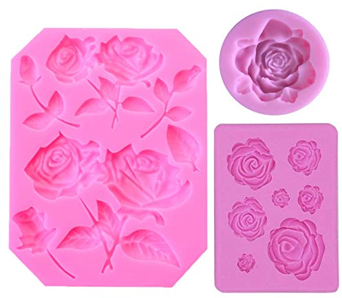 Hosh 3 Stück Rosen 3D-Silikonform, Große Rosen Blumen-Silikonform, Mini Blumen Silikon Formen, Silikonformen Fondant,Verwendet für Backen von Kuchen, Gelee, Muffins, Süßigkeiten(Rosa)