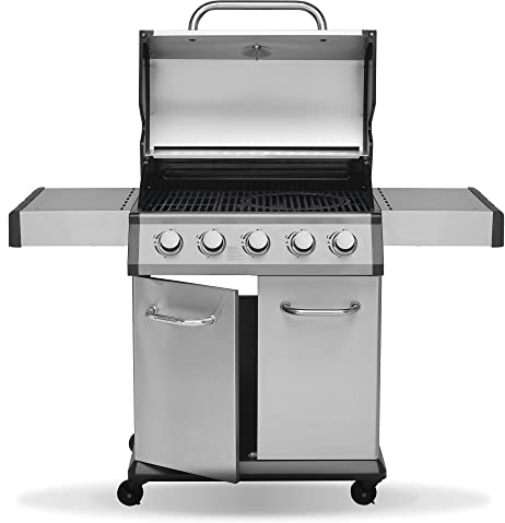 JUSTUS 5-Brenner Gasgrill Geras Grillwagen mit Edelstahl-Brenner – Grill mit Seitentischen und Guss-Grillrost, Piezozündung, 141 x 57 x 112 cm, Schwarz