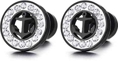 Herren Damen Schwarz Edelstahl Kreis Ohrstecker Ohrringe mit Marine Anker und Weiß Zirkonia Schraube Wieder 2 pcs