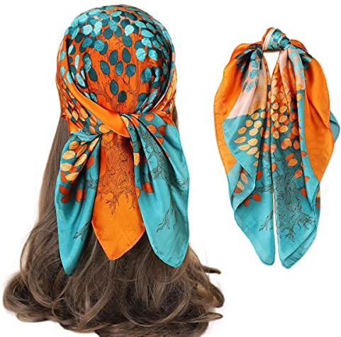 FAIRYGATE Satin Bandana Women Scarf Neck Head Hair Square Scarves Neckerchief Headwear Fashion Paisley Bandanas Blue-orange