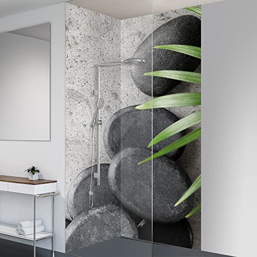 yourplate Duschrückwände individuelle Größe (Schwarze Flusssteine) | 3mm Aluminium Verbundplatte, exklusives Design, einfache Montage, geringes Gewicht, fugenlos, wasserdicht, pflegeleicht