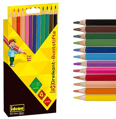 Idena 20135 - Pastelli Jumbo con mina da 5 mm in 12 colori, matite colorate in legno FSC in forma triangolare ergonomica, confezionate in scatola di cartone