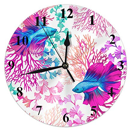 Incroyable horloge murale ronde de la vie marine, poisson arc-en-ciel nageant dans les récifs coralliens Design sans couture horloge murale ronde maison jardin mur décoratif pour chambre bureau