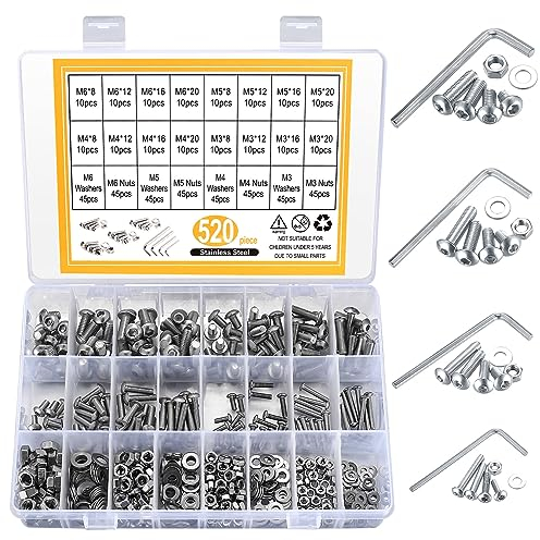 Bayidun 520 Pcs Screws and Nuts Set, M3/M4/M5/M6 Hex Socket Head Cap Screws, Nuts and Washers Assortment Kit, Stainless Steel Hardware Fasteners Set