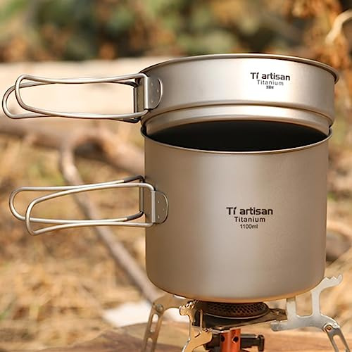 DAZZLEEX Ultraleichtes Titan-Camping-Kochgeschirr-Set 900 ml Topf und 350 ml Pfannen-Set | Faltbare Griffe für Camping, Wandern, Rucksackreisen, 900 ml