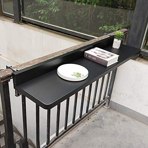 VVHUDA Balcony Railing Hanging Table,Wooden Outdoor Side Table,Folding Wall-mounted Desk,Adjustable Patio Floating Desk Hanging Workbench PC Laptop Table-Black 120x40cm(47x16inch) small gift