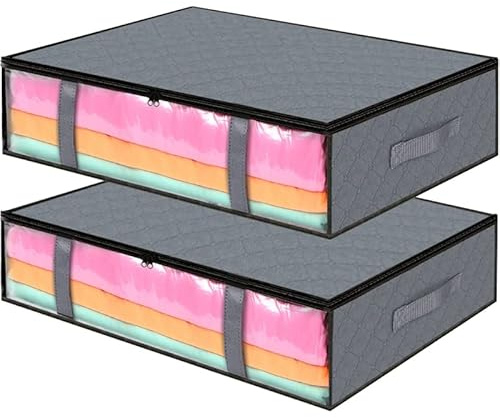 Opopark 2 Pack Underbed Storage Bags, 40 L Foldable Fabric Clothes Storage Bags with Zips and Reinforced Handle, Clear Window for Clothes, Duvets, Comforters, Blankets