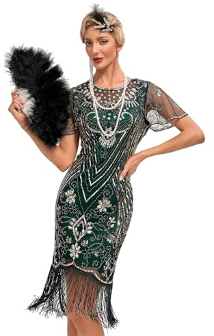 VILOREE 1920s Kleid Damen Flapper Charleston Kleid Gatsby Pailletten Cocktail Abschlussballkleid Party Kostüm Kleid Gold & Grün (53) L