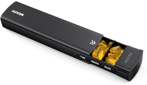AUVON Pill Box 7 Day, Metal Travel Pill Organiser with Slide Design for Privacy Protection, Tablet Organiser with Large Compartment for Supplements, Vitamins