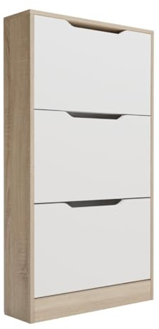 Mattfy - Skohylla med 3 dörrar, smal skoskåp, axelmodell, Cambria och vit färgfinish, mått: 107 cm (H) x 60 cm (B) x 17,3 cm (våg) praktiskt och funktionellt