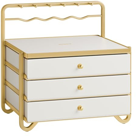 SONGMICS Schmuckkästchen 3 Ebenen, Schmuckkasten mit Schubladen, offene Schmuckaufbewahrung oben, für Schminktisch, Metallrahmen, 20,5 x 22,7 x 23,5 cm, Geschenkidee, wolkenweiß JBC168W01