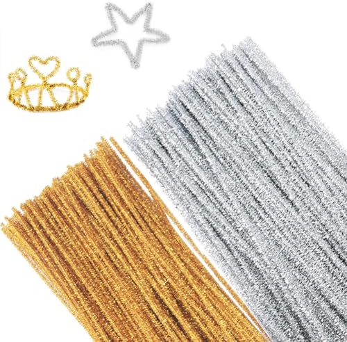 Qikaara 200 Stück Glitzer Pfeifenreiniger Set, Gold Silber Chenilledraht 30cm, Pfeifenputzerdraht für DIY Craft Projekt Biegeplüsch zum Basteln und Dekorieren Pipe cleaner silver
