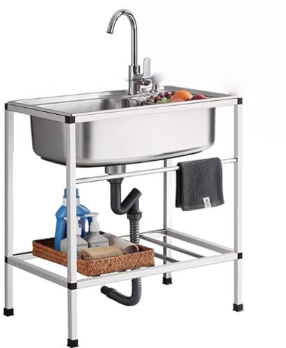 Freistehende edelstahl spültisch gastro Professionelle Küchenspüle aus Edelstahl mobile spüle spülbecken gartenwaschbecken für draußen mit Warm- und Kaltwasserhähnen Geeignet für Küchen, Schulen, Bars