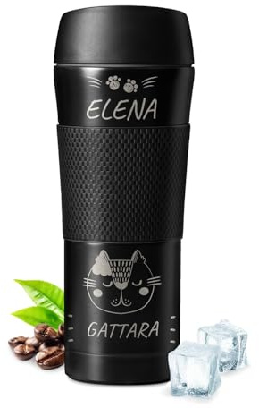 Maverton Tazza termica personalizzata 450 ml, coperchio ermetico, Gattara | Thermos tè caffè con la custodia antiscivolo, borraccia personalizzata acciaio inox per donna per compleanno, nero