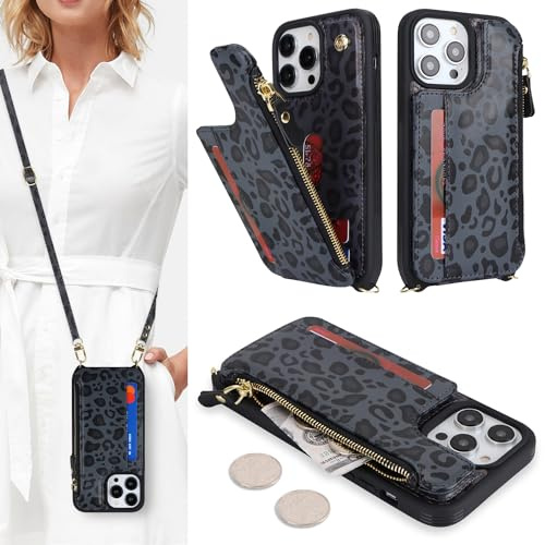 SailorTech Handyhülle für iPhone 13 Pro Max Etui mit Kartenfach, iPhone 13 Pro Max Hülle mit Verstellbarer Halskette, iPhone 13 Pro Max Handytasche mit Reißverschluss Geldbörse - Schwarzer Leopard