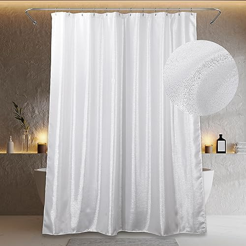Popkozzi Silber-Weißglitzer Duschvorhänge, wasserdicht waschbar, 200Lx183W | Metallisch schimmernder glatter Satinstoff, funkelnde glänzende Luxus-Deko für Weihnachten, Geschenk für Frauen & Mädchen