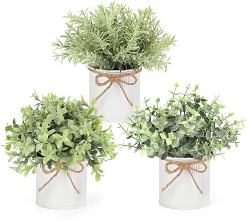 Mkono Fake Plants in Farmhouse Galvanized Metal Pots Table Centerpiece Rustic Home Decor, 3 Pack Potted Artificial Plants Faux Eucalyptus for Shelf Indoor Dining Room Office