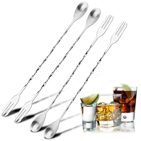 TRHDFW Mixing Spoon 304 Stainless Steel bar Spoon Ice Spoon Double-Ended Mixing Spoon Fork Long Handle Cocktail Spoon