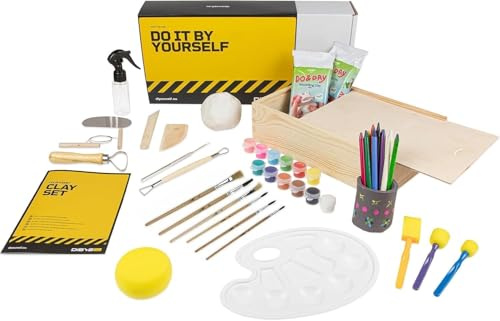 DIBYS Töpfer-Set für Kinder & Erwachsene | Mit Modellier-Werkzeug, Ton lufttrocknend & weiß, Farbe & Holz-Pinsel | Bastel-Set zum Töpfern für Zuhause | Kreativ-Set | Originelle Geschenk-Ideen
