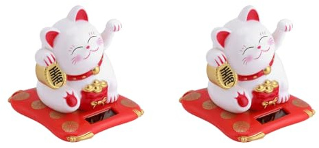 2Pcs Chinese Waving Cat Solar Powered Cute Waving Cat Waving Lucky Cat Fortune Cat Ornament for Home Office Shop Car Decor White