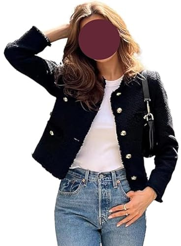 FYHTC Tweed Blazer für Damen, Lässige Langärmlige Button Down Jacke Kurze Jacke Mantel Oberteile mit Taschen(Black,Large)