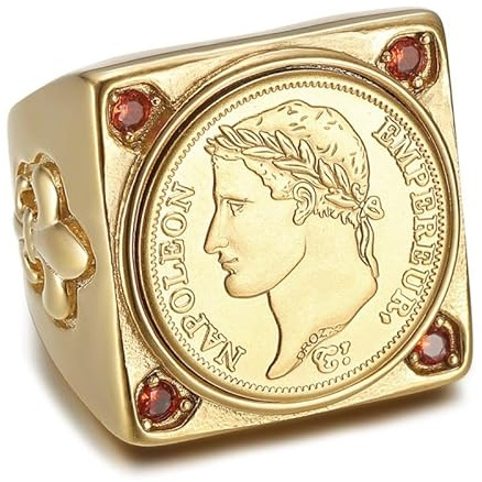 BOBIJOO Jewelry - Bague Chevalière Napoléon 1er 1812 Réplique Carrée Acier Inoxydable Faux Rubis Doré Or - 60 (9 US)