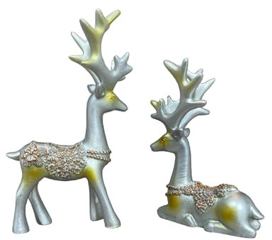 WOO MANTO Set of 2 Christmas Deer Decoration Christmas Figure Table Decoration Advent Arrangement Christmas Decoration (Silver + Gold)