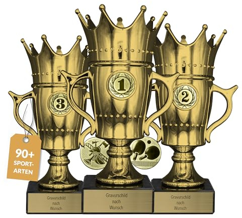 Pokal mit Gravur Wunschtext, Gold, Sportemblem nach Wahl, 21,5/22,5/23,5 cm | Personalisierte Auszeichnung für Fußball WM & Sport Events, inkl. Marmorsockel