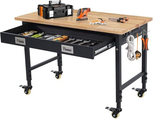 Adjustable Height Workbench 48x24 (122x51cm), Heavy Duty Rubber Wood Top Worktable with Drawer Storage, 2000 Lbs Load Capacity, Mobile Tool Storage Station with Power Outlets