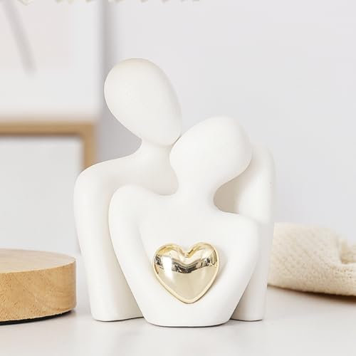 ODMYZG Sculptures de Couple, Statue de Couple câlin, Statue de Couple Abstraite, Décoration Salon Maison, Cadeaux romantiques pour la Saint-Valentin, Un Anniversaire. (Blanc Or, L)