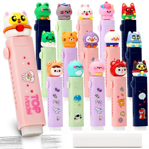 VICHOS Mitgebsel Kindergeburtstag 6/7/8/9/10 Jahre, 16 Ausziehbare Radiergummis Kinder mit Cartoon-Motiven, Perfekt als Give Aways Kindergeburtstag & Kindergeburtstag Gastgeschenke