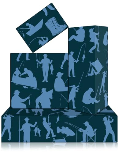 Geschenkpapier für Herren, Motiv: Angelmann, 4 Stück, Blau, mit Angelrute, Silhouetten-Design, Geschenkpapier für Vatertag, Weihnachten, Geburtstag, Vater, Ehemann, Freund, Geschenkbedarf, 70 x 50 cm
