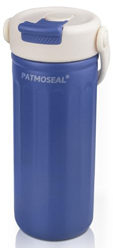 PATMOSEAL 500ml Thermo Flask for Hot & Cold Drinks - Vacuum Thermal Flask Drinking Bottle with Straw Lid & Strap Handle - Insulated Travel Small Water Flask Stainless Steel (Blue)