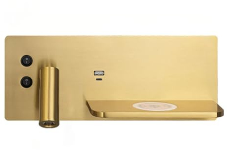 LOGT Cargador Inalámbrico Interruptor de Luz de Pared y Puerto de Carga USB Lámpara de Pared Giratoria Foco de Pared 6W + 3W Blanco Cálido 3000K Iluminación de Pared Dorada Aplique Lámpara,R
