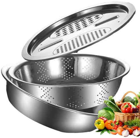 Multifunktionale Küchenreibe, Edelstahlbecken, Sieb-Set Aus Edelstahl Zum Käsereiben, Gemüseschneiden Und Obstwaschen, Mit Rührschüssel Und Abtropffläche (3 In 1),Reisscheibesiebschale